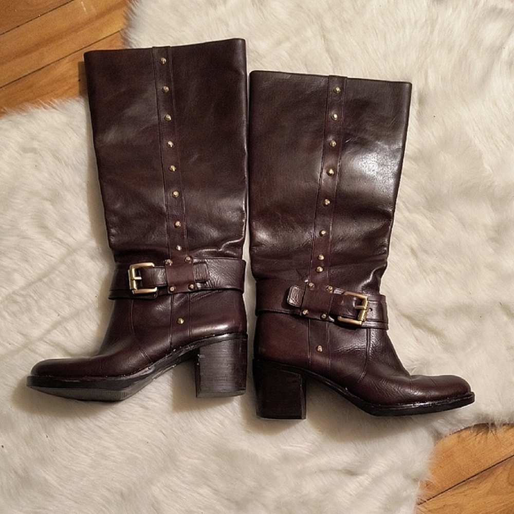 Michael Kors Dark Brown Leather Mid-Calf Heeled Boots